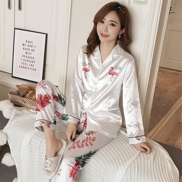 

silk satin print long sleeve pajama sets for women new autumn sleepwear suit femme loungewear homewear pijama mujer home clothes t200707, Black;red