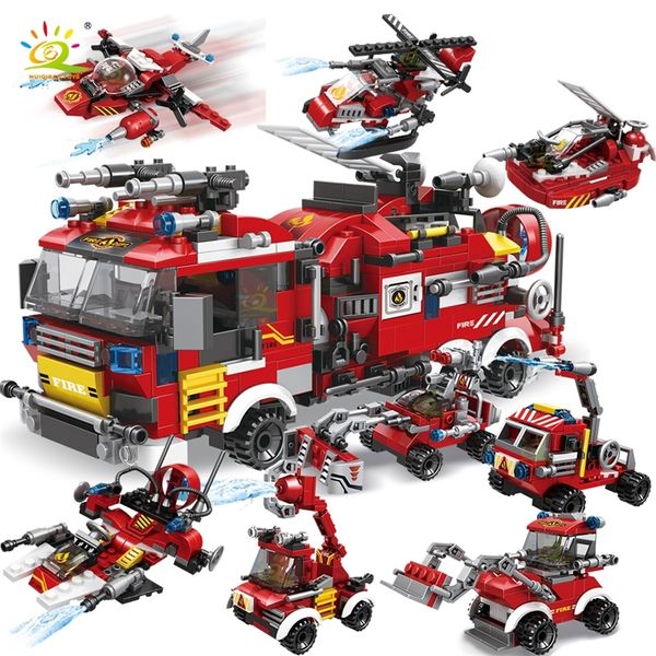 

huiqibao city fire fighting 8in1 trucks car helicopter boat building blocks firefighter figures man bricks toys for children 220601