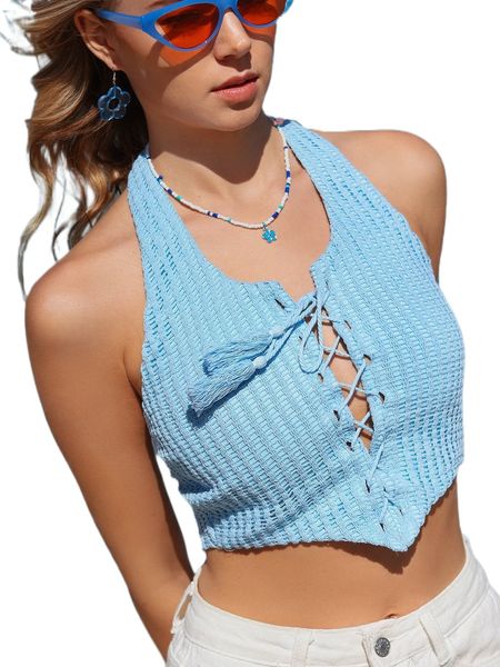 

lace-up front hanky hem backless halter n7l9#, White