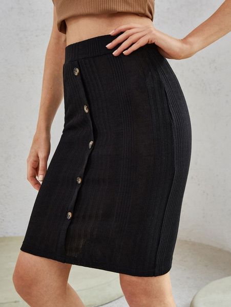 

fake button ribbed knit skirt 96wn#, Black
