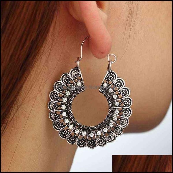 

nxy earrings dangle chandelier huatang vintage ethnic earring geometric ancient sier color gold hollow flower drop piercing declaration jewe, Silver