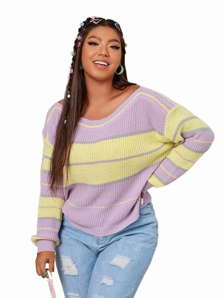 

plus striped pattern drop shoulder sweater l4a8#, Black