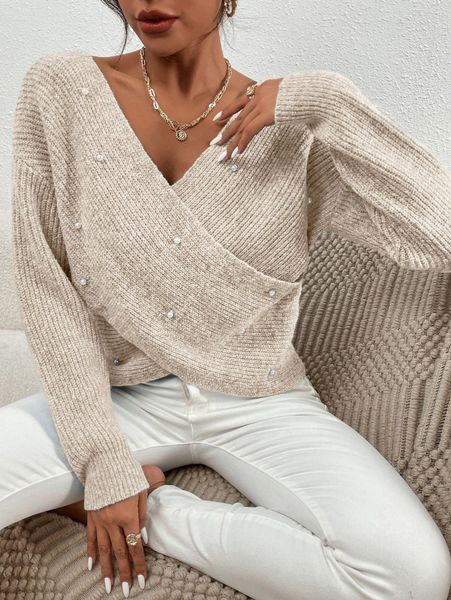 

pearl beaded drop shoulder cross wrap sweater j07h#, White;black