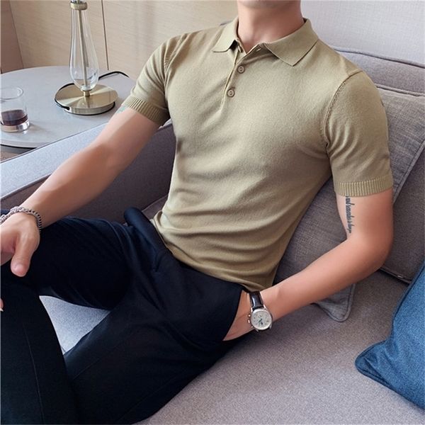 8colors Summer с коротким рукавом шелк шелк мужской рубашки Polo Рубашки бизнес -мода выключить воротнич