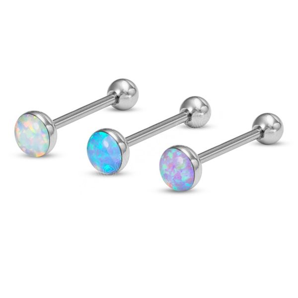 

opal tongue ring piercing barbell stainless stee bar screw blue tongue stud nipple rings for women men body jewelry, Silver