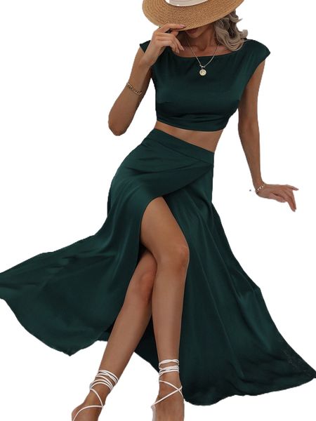 

boat neck crop & wrap skirt h96j#, White