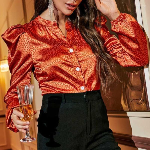 Blouses feminina camisas High Street Mecanismo de outono impressa Orange office Ladies Camisa Casual Blusa Longa Longa Push Puff feminino fêmea feminina