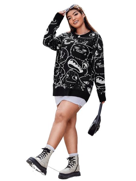 

plus cartoon graphic drop shoulder sweater k6la#, Black