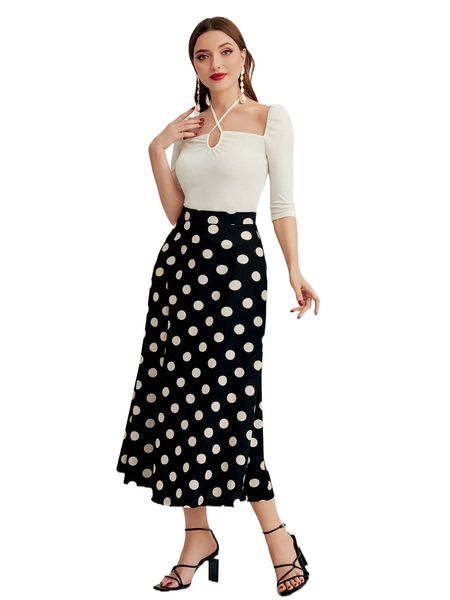

tie back halter & polka dot skirt set 74jp#, White