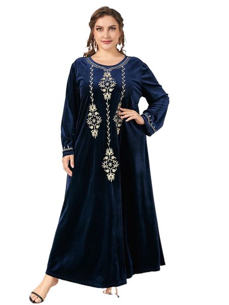 

plus plants embroidery velvet tunic dress o57z#, Black