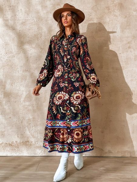 

floral print bishop sleeve ruffle hem shirt dress u82z#, Black;gray