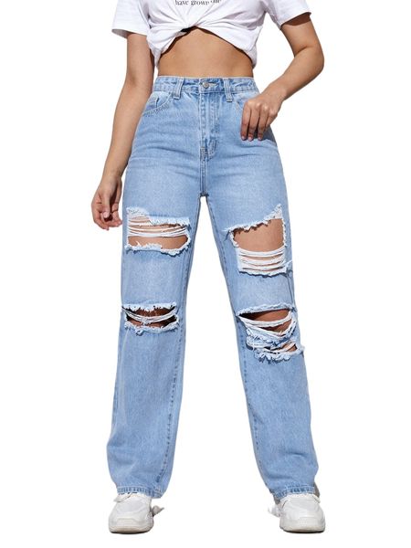 

ripped frayed straight leg jeans z6ye#, Blue