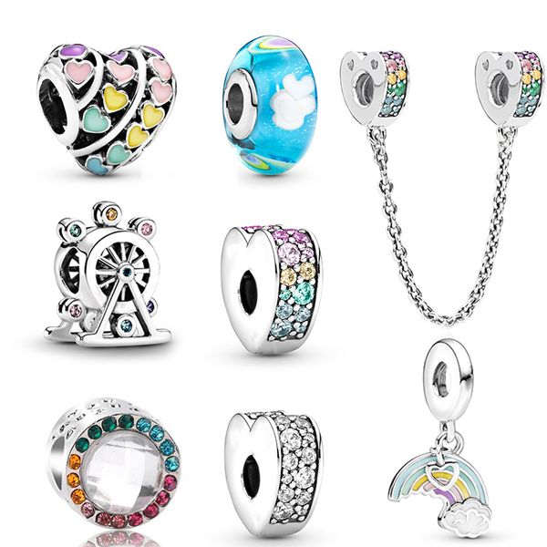 Novo popular pingente de prata esterlina 925 colorido arco-íris de contas de charme de amor para pulseiras e colares de charme Pandora originais joias da moda DI