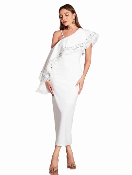 

asymmetrical neck contrast sequin fringe trim split hem dress 86kp#, Black;gray