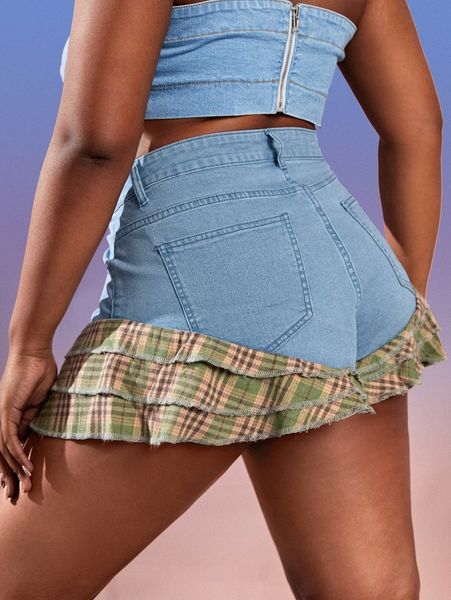 

sxy plus plaid print layered hem denim shorts l68s#, White;black