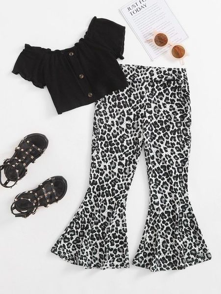 

toddler girls button front tee with leopard print flare leg pants she, White