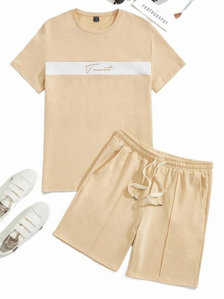 

men letter graphic colorblock tee & track shorts set v0gm#, Gray