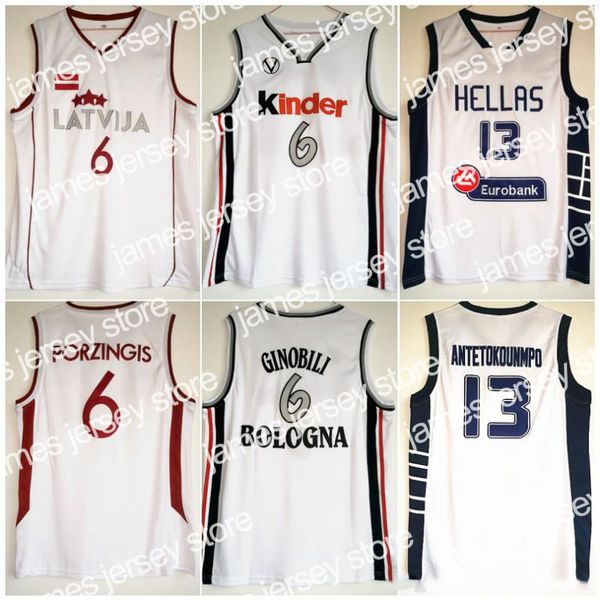 Nuovo #13 Giannis Antetokounmpo Hellas Jersey #6 Manu Ginobili Kinder Basketball Maglie da basket League #6 Kristaps Porzingis Latvija Shirt