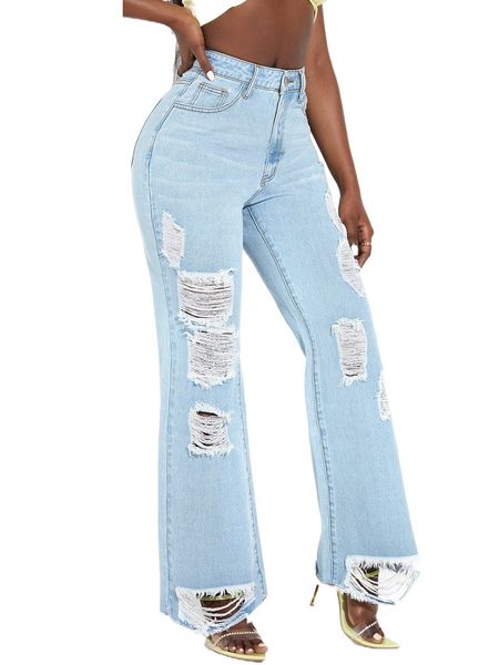 

sxy ripped raw trim boot-cut leg jeans k3vs#, Blue