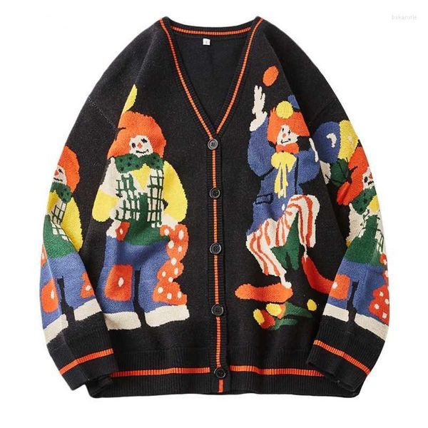Maglioni da uomo Divertente Stampa da clown Maglione lavorato a maglia da uomo Cardigan donna Oversize Streetwear Maglione lavorato a maglia Monopetto Natale NeroUomo