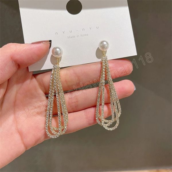 

korean elegant pearl dangle earrings for women luxury crystal bowknot tassel long earrings fashion jewelry gift, Silver
