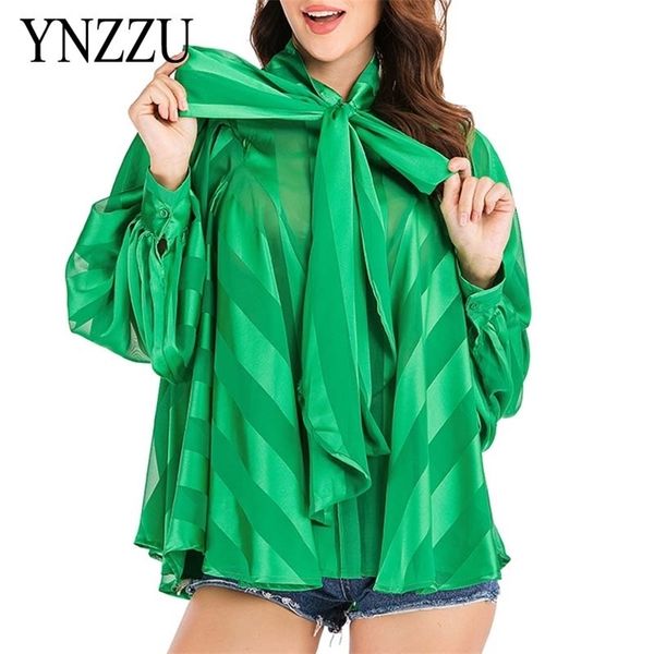 

casual women green stripe blouse spring bow tie fashion female shirt loose solid long sleeve summer ynzzu yt802 210308, White