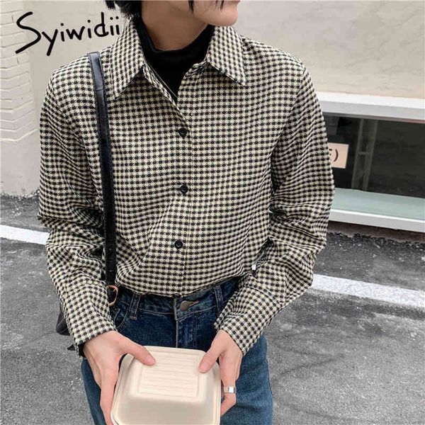 

houndstooth blouses women button up turndown collar long sleeve loose clothing spring korean fashion shirts 210415, White
