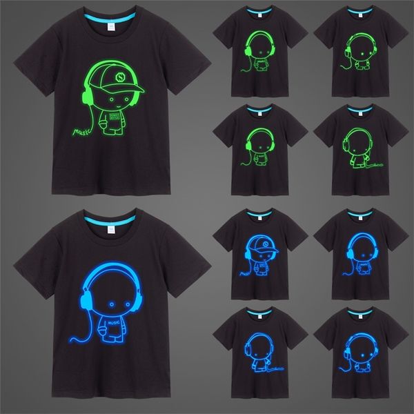

boys girls music print noctilucence luminous tshirts summer men woman kids neon party club night light punk tees 220608, White;black