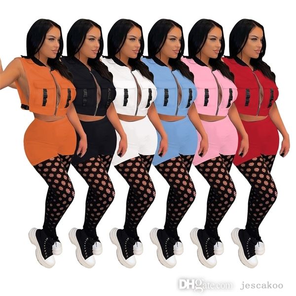 Летние Женщины Scestsuits 2022 Дизайнер 2 шт. Короткий набор нарядов Сексуальная застежка-молния Жилеты Двойные Карманные Шорты Костюмы Спортивная одежда