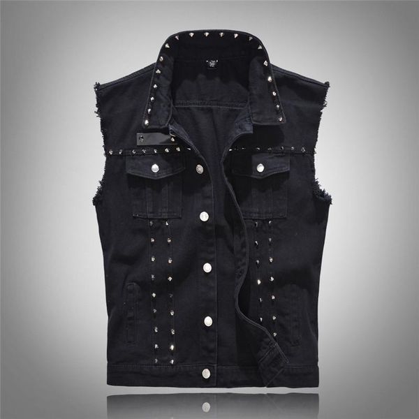 

men's vests fashion punk style denim for men hi street hip hop rock waiscoat with rivets streetwear sleeveless jacket big size, Black;white