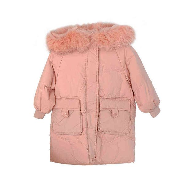

winter children extended and thickened fox fur down jacket boys and girls winter solid color fur collar thickened down jacket j220718, Blue;gray