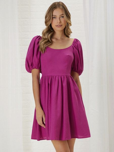

puff sleeve tie back dress m2rq#, Black;gray