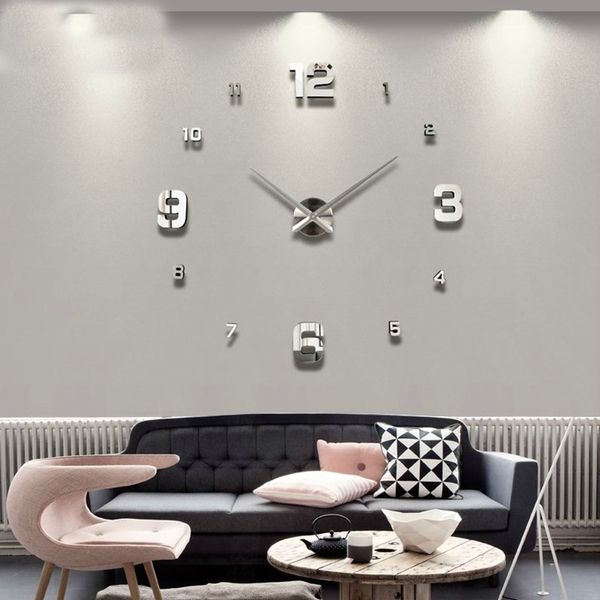 3D Digital Grande relógio de parede Diy espelho paredes de superfície adesivos relógio metal acrílico relógios Relógios para casa decoração de fundo recar