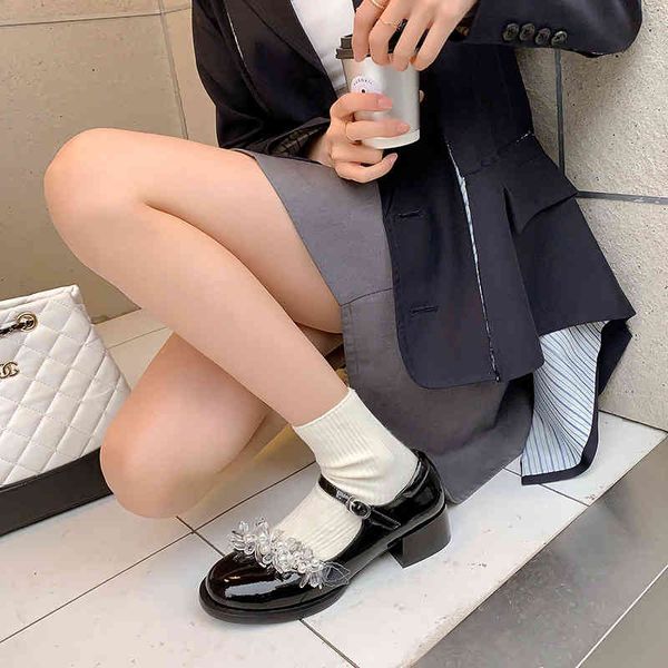 

boots ins owned giant flash crystal flower one line buckle mary jane shoes women's patent leather middle heel ha9c, Black