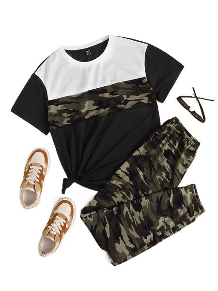 

camo print color block tee & pants n3r8#, White