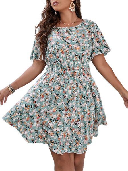 

plus allover floral print shirred waist butterfly sleeve dress e1ar#, Black