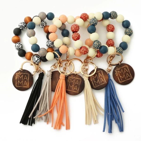 

strands silicon beads mama monogram wood blank wooden disc bracelet tassel keychain wristlet gift for her key ring, Black