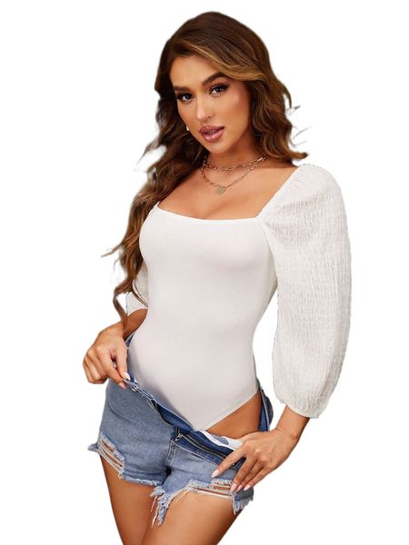 

sxy square neck bishop sleeve bodysuit v6xp#, White