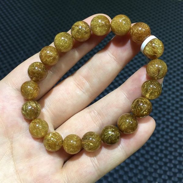 

natural gold rutilated titanium quartz bracelet brazil woman man 10.5mm round beads bangle wealthy bracelet brazil aaaaaa, Silver