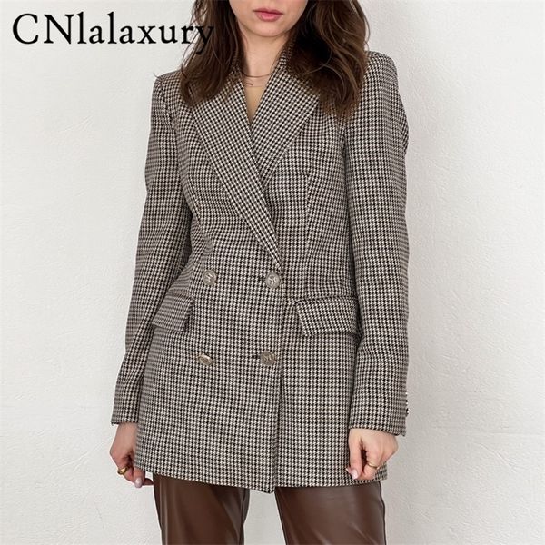 

cnlalaxury women office wear double breasted plaid blazer coat vintage long sleeve pocket female jacket outerwear chic 220720, White;black