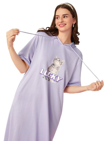 

slogan and animal print drawstring hooded tee dress v0no#, Black;gray