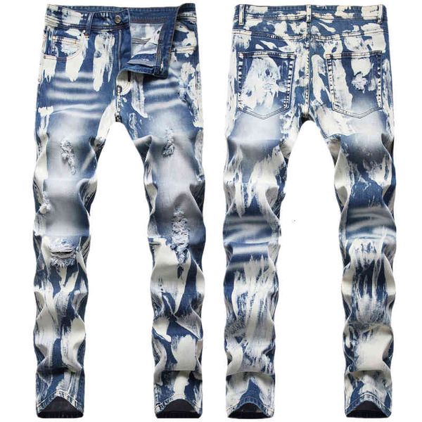 

men's jeans fashion trend jeans men's broken holes washed small straight tube trendy pants casual whitening eyzs, Blue