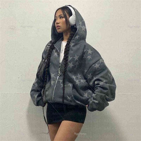 

retro fashion star pattern hoodie streetwear y2k sweatshirt men pullover zip jacket women fashion women's harajuku hoodie, Black