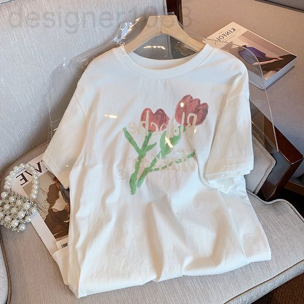 

women's t-shirt designer flower print round neck white t-shirt women's 2022 summer new loose korean short sleeved bottom shirt 8ho