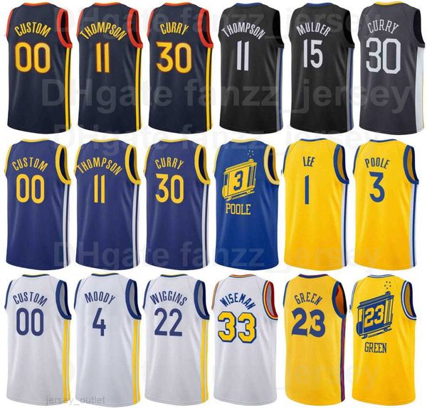 Siebdruck Basketball Stephen Curry Trikot 30 Klay 11 Thompson Draymond Green 23 Andrew Wiggins 22 James Wiseman 33 Moses Moody 4 Blau Weiß Gelb Männer Frau Jugend