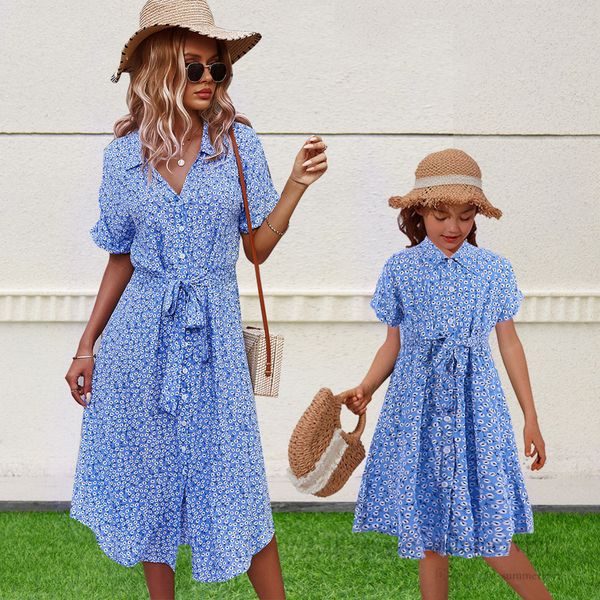 

family matching outfits girls floral printed beach holiday dresses kids lapel single breasted bows belt dress mommy and me clothes q7453, Blue