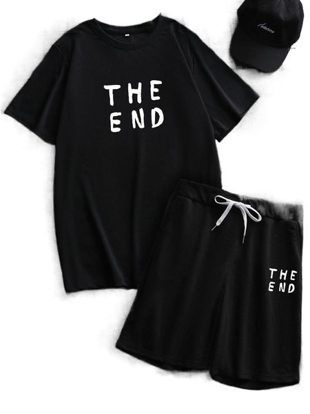 

men letter graphic tee & drawstring shorts f1xg#, Gray