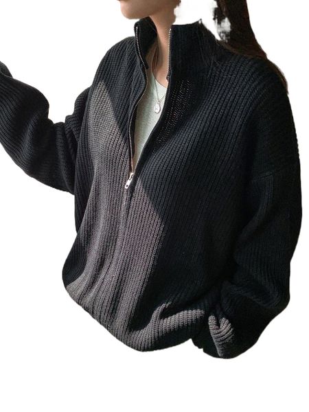 

dazy ribbed knit drop shoulder zip up cardigan h4fg#, White;black