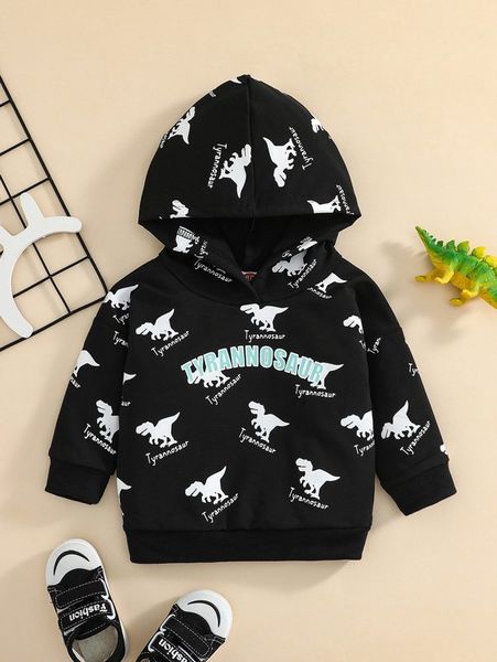 

baby letter and dinosaur print hoodie she, Black