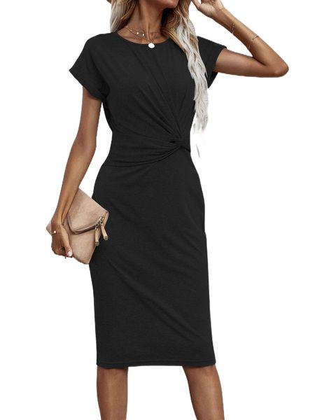 

solid twist front fitted dress j9zd#, Black;gray